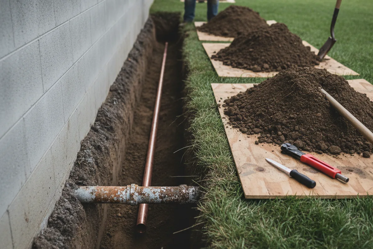 Excavated water line trench during Water Softener Installation in Thaxton